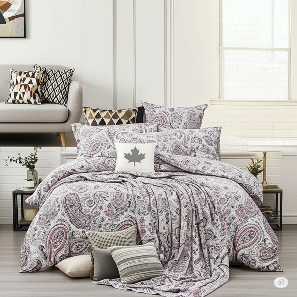 Elegant maple leaf design with a subtle fabric texture, symbolizing Maple Linens' commitment to quality and Canadian heritage.
